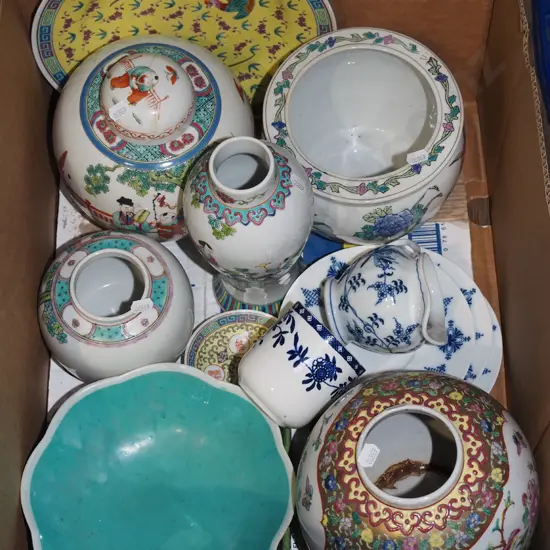 box; Chinese plates, vases, ginger jars etc