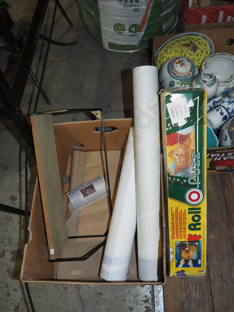box; metal and wood wall mounted shelves, puzzle roll, Elton John poster print etc Image 1++