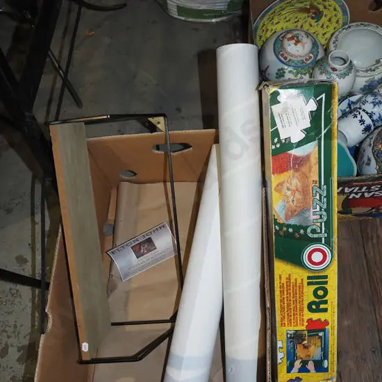 box; metal and wood wall mounted shelves, puzzle roll, Elton John poster print etc