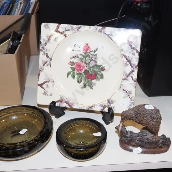 2x smoked glass ashtrays, rectangular rose plate, composite kiwi figurine