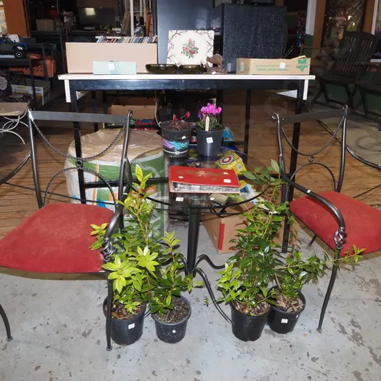 metal based, glass top pedestal conservatory table with 2 matching metal and red upholstered chairs Table H670 Diam600