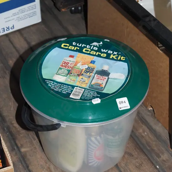 plastic bucket; Turtle Wax, Jays Fluid etc