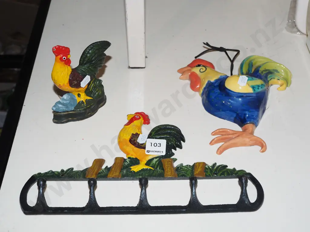 cast iron chicken themed wall hooks, doorstop, pottery wall mounted chickens Image 1++