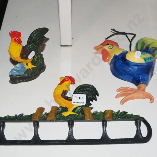 cast iron chicken themed wall hooks, doorstop, pottery wall mounted chickens