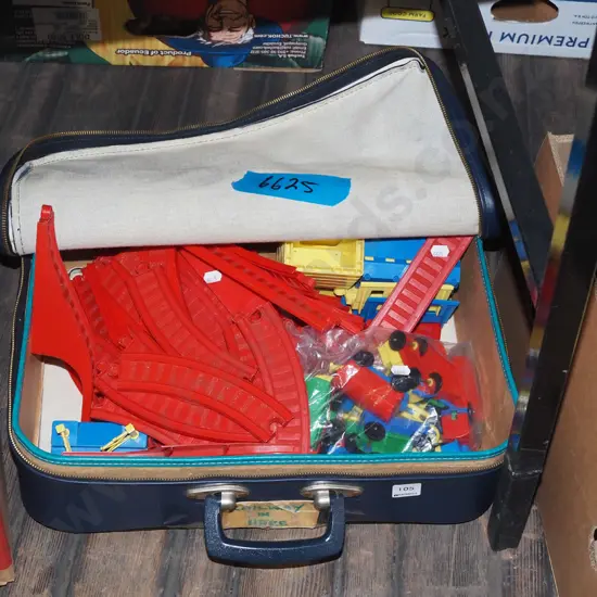 1970s plastic train set in blue vinyl suitcase
