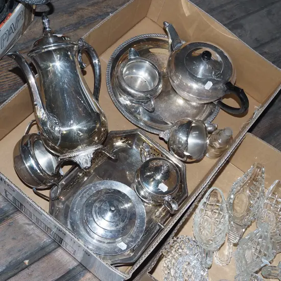 box; plated ware, teapots, creamers, sugars etc