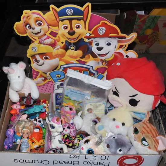 box; various soft toys, cards etc