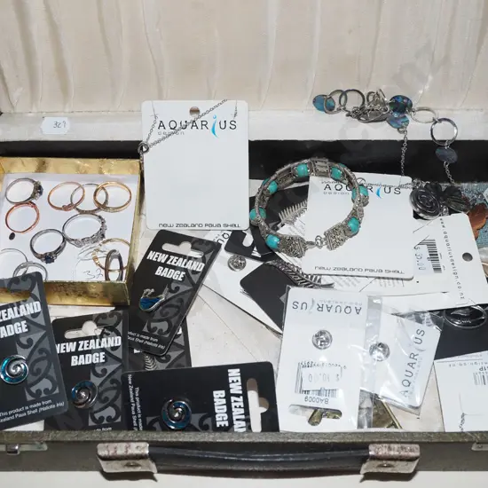 box; NZ badges, bracelet, rings etc