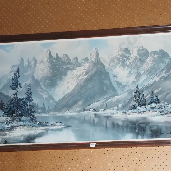 framed oil - lake and mountain scene