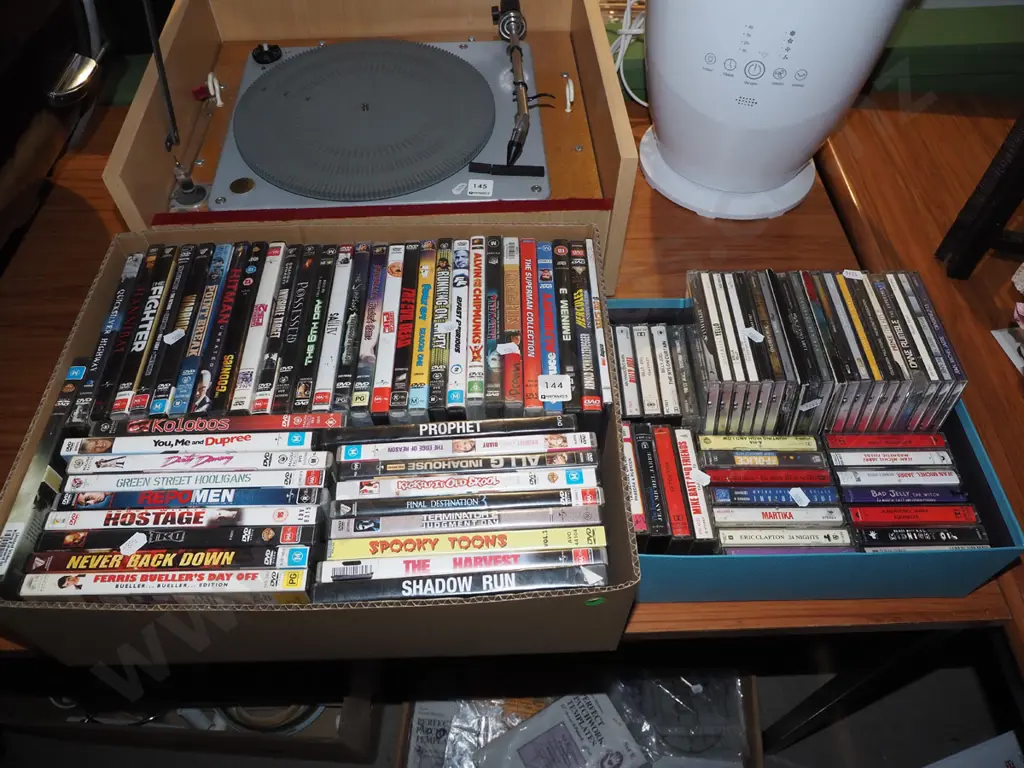 2x boxes; DVDs, CDs, tape cassettes - green dots Image 1++