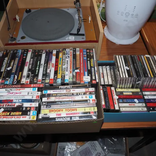 2x boxes; DVDs, CDs, tape cassettes - green dots