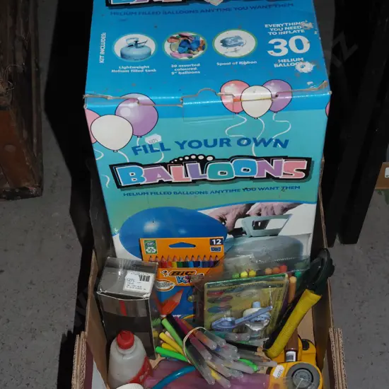 box; colouring pencils, felt pens etc