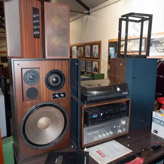 stereo - Akai AP/100C turntable, AA/1050 audio receiver, Technics twin cassete deck, Namco speakers,