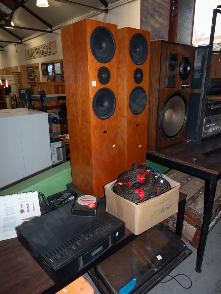 pair of Linn Ninka freestanding floor speakers, Linn AV 5125 power amplifier and a box of cables etc. Image 1++