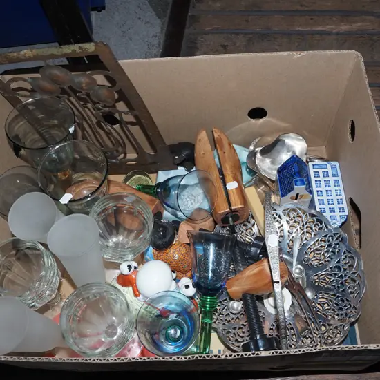 box; shoe forms, wine goblets, Chinese good fortune figurines etc