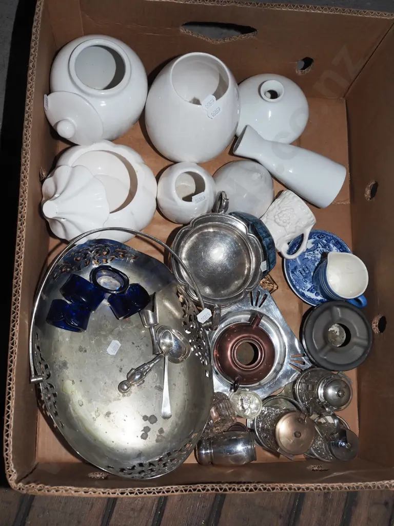 box; condiment sets, white glass vases, plated basket etc Image 1++