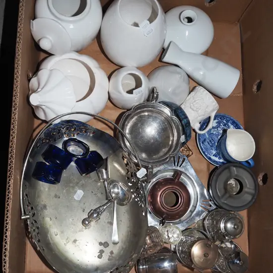 box; condiment sets, white glass vases, plated basket etc