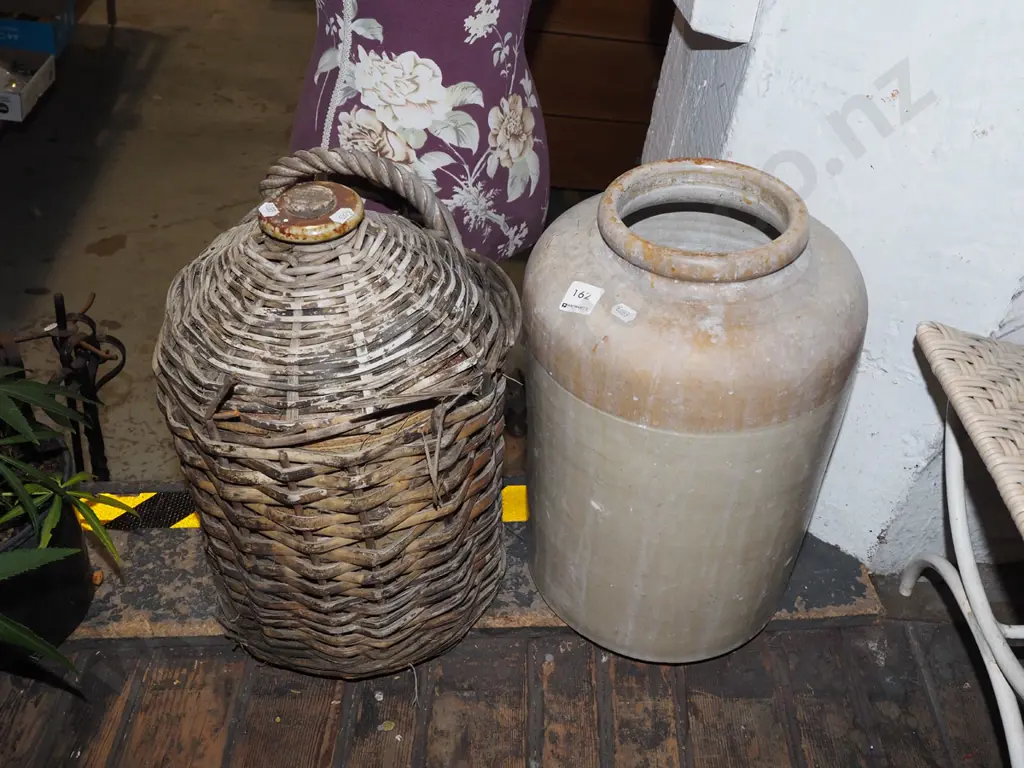 salt glazed storage crock, stoppered bottle in cane basket H400 Image 1++