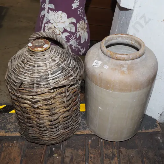 salt glazed storage crock, stoppered bottle in cane basket H400