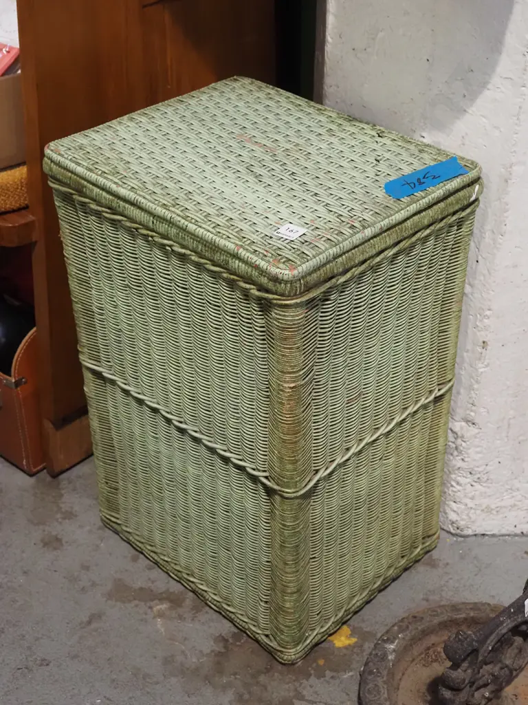 green painted woven cane lidded laundry hamper Image 1++