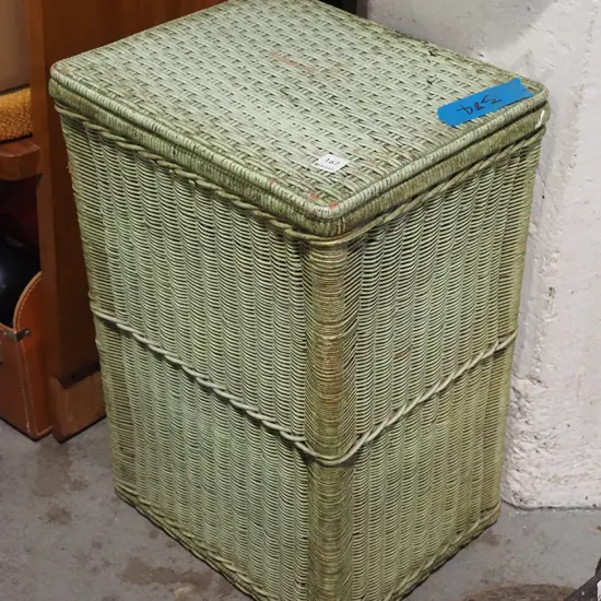 green painted woven cane lidded laundry hamper