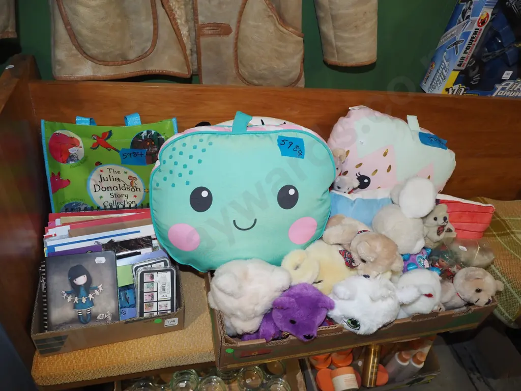 2x boxes; cushions, toys, cards, books etc - green dots Image 1++