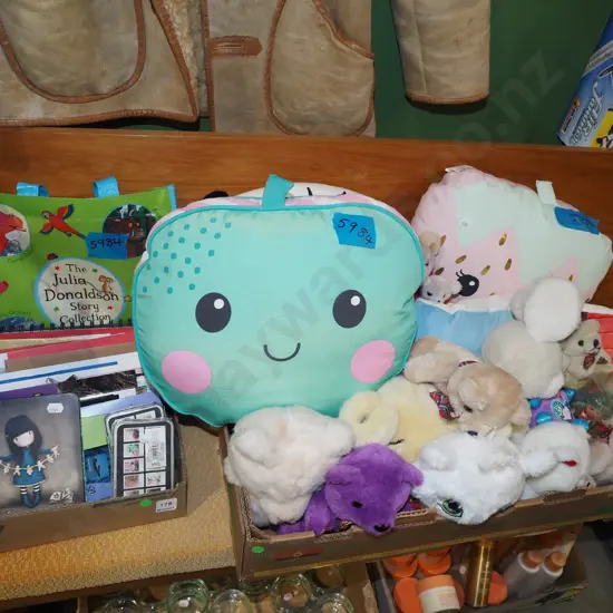 2x boxes; cushions, toys, cards, books etc - green dots