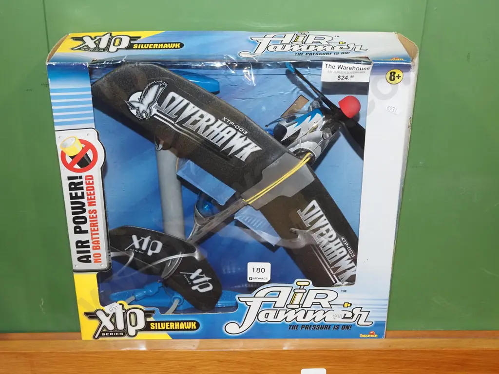 boxed Silver Hawk air powered toy plane Image 1++