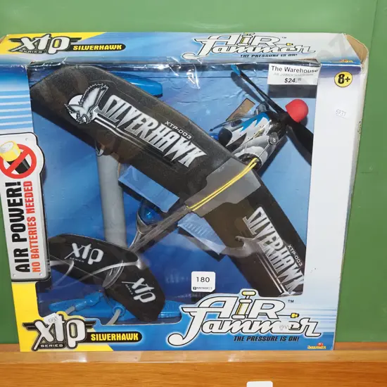 boxed Silver Hawk air powered toy plane