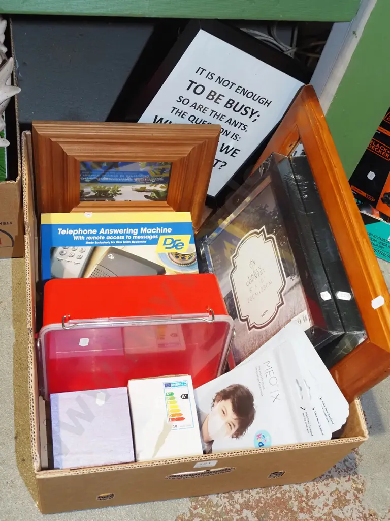 box; face masks, picture frames, telephone answer machine etc Image 1++