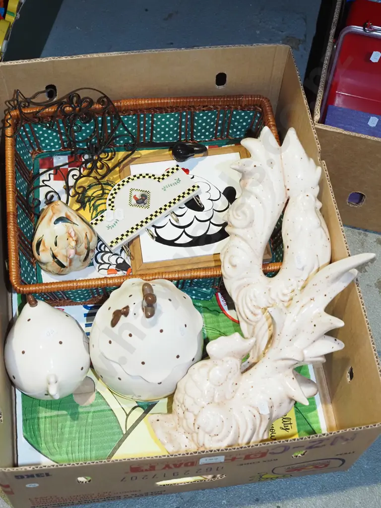 box; ceramic chicken figurines, cane baskets, happy hen tile etc Image 1++