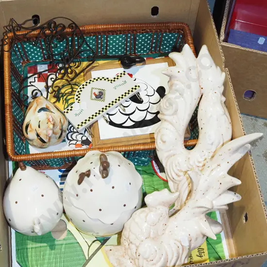 box; ceramic chicken figurines, cane baskets, happy hen tile etc
