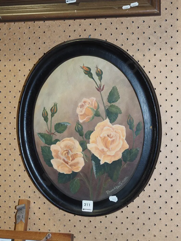black ebonised framed oval oil on board - roses Image 1++