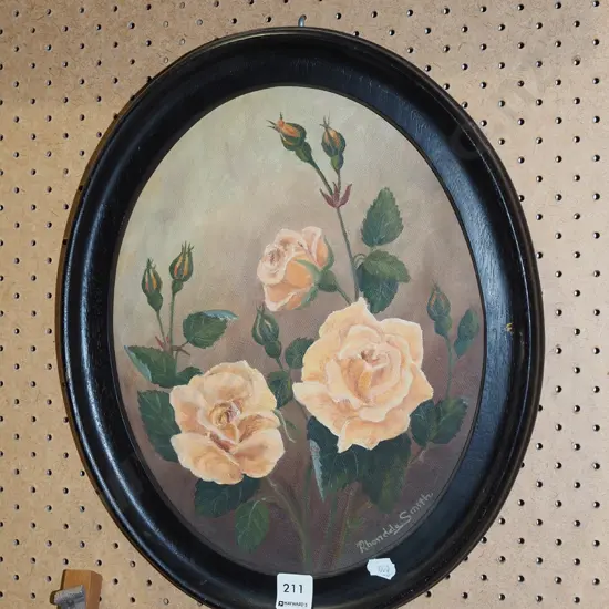 black ebonised framed oval oil on board - roses