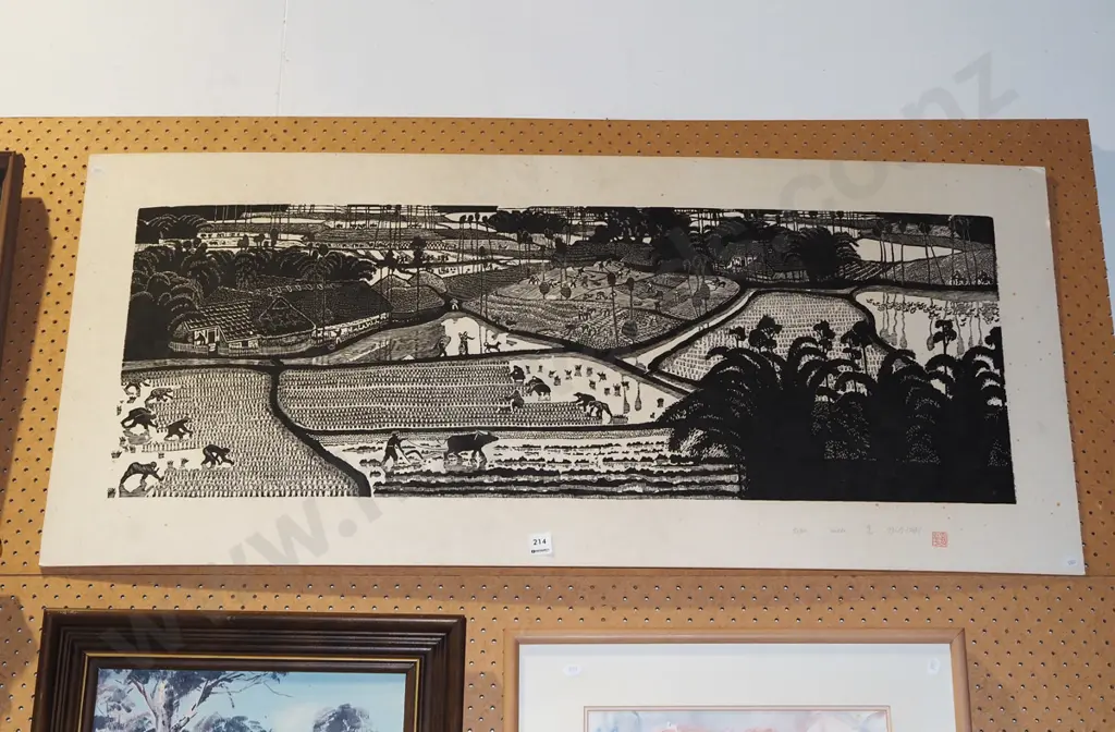 framed Asian print - rice paddies H525 W1200 Image 1++