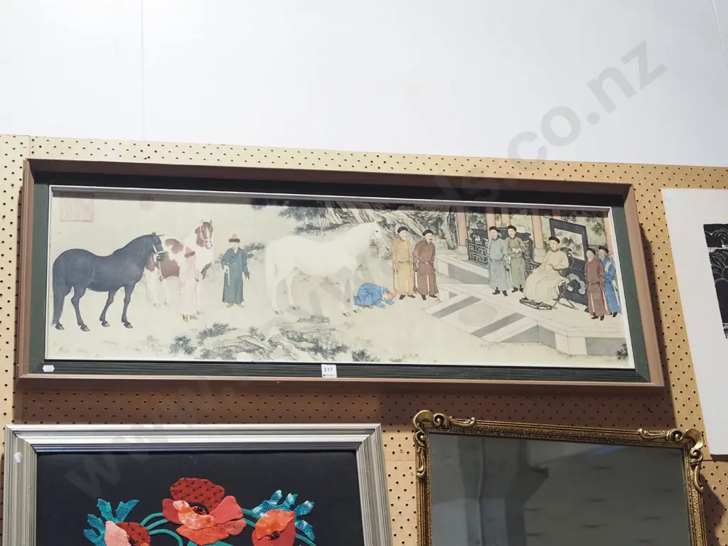 framed Asian print - some foxing - Emperor and horses Image 1++