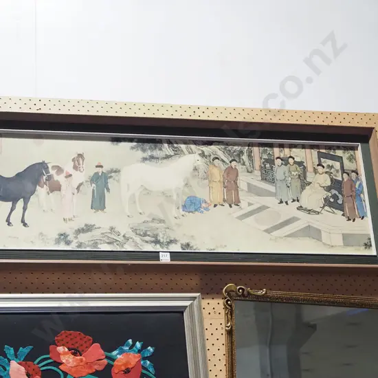 framed Asian print - some foxing - Emperor and horses