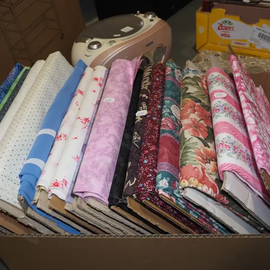 box of fabric pieces