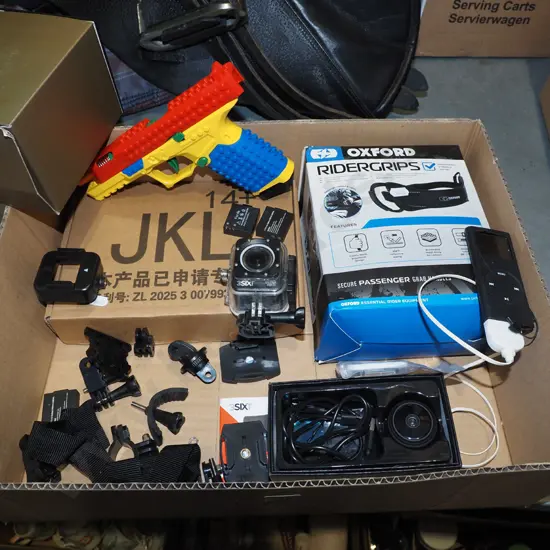 Lego themed toy gun, i-pod, sports camera etc