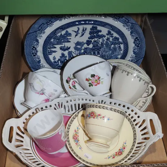box; willow pattern ashet, cups, saucers etc