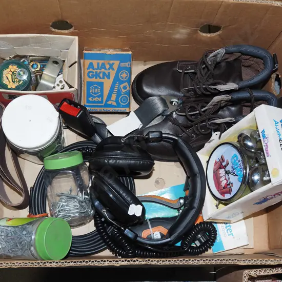 box; alarm clock, headphones, hose attachment, size 4 boots etc
