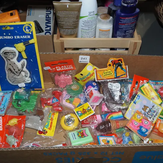 box; various rubbers/erasers