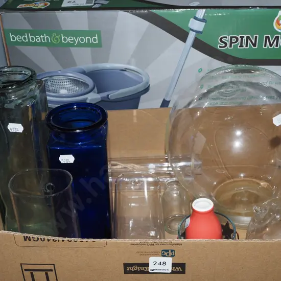 box; glassware, globes, canisters, glasses etc