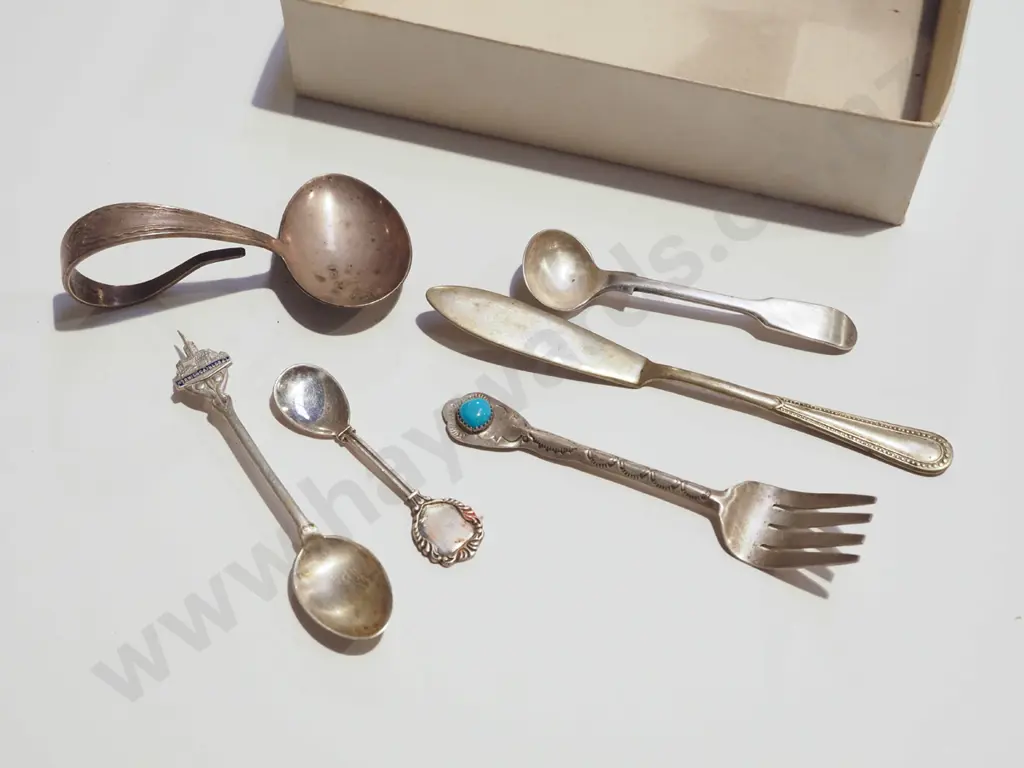 box; fork with turquoise - sterling, Norwich cathedral spoon - sterling, other items plated Image 1++