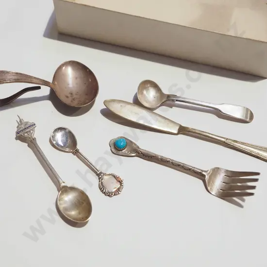 box; fork with turquoise - sterling, Norwich cathedral spoon - sterling, other items plated