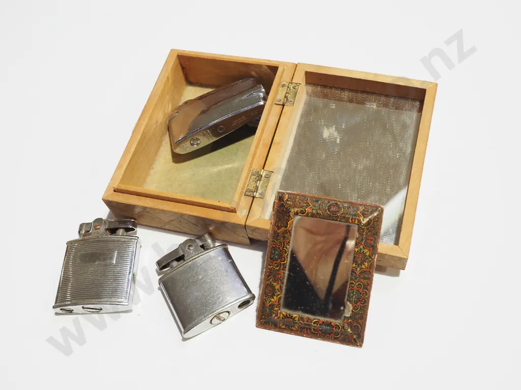 small wooden trinket box, lighters & mirror Image 1++