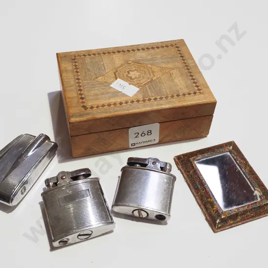 small wooden trinket box, lighters & mirror