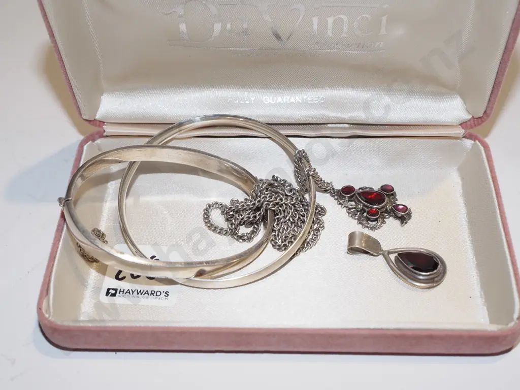 tray; red stone pendant, red stone necklace, 2x sterling silver bangles Image 1++