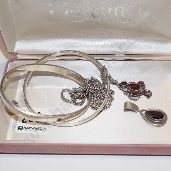 tray; red stone pendant, red stone necklace, 2x sterling silver bangles