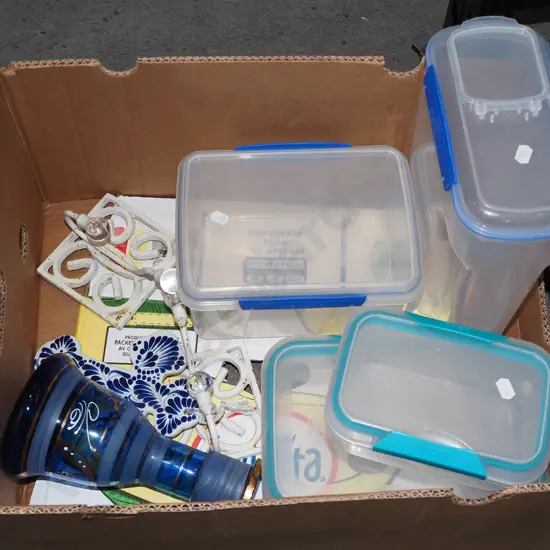 box; plastic storage containers, crucifix, coat hooks etc